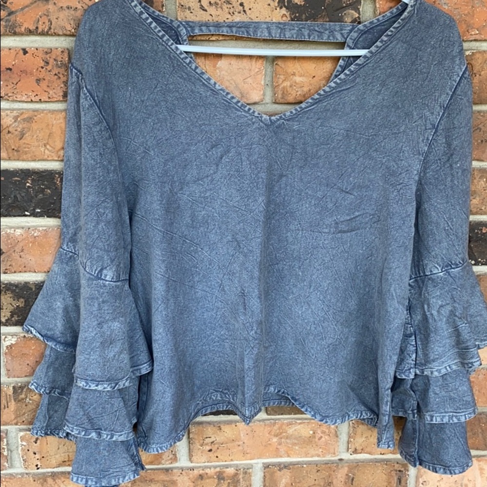 Bell sleeve distressed blue top
